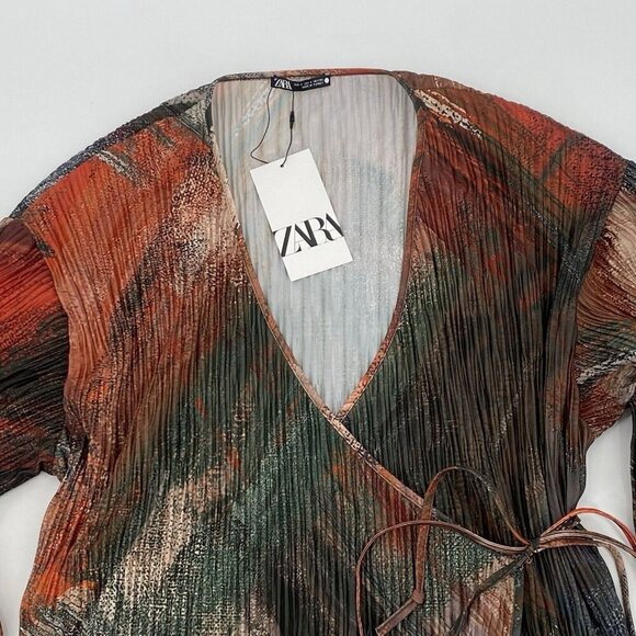 ZARA Women’s Size Small Pleated Kimono Wrap Top Orange Multi NWT - Picture 7 of 16